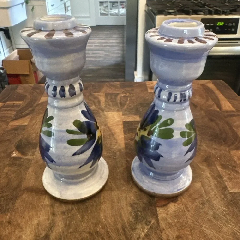Los Bohios Mid Century Pottery Candlestick Set Of 2 Puerto Rico Floral Blue Clay